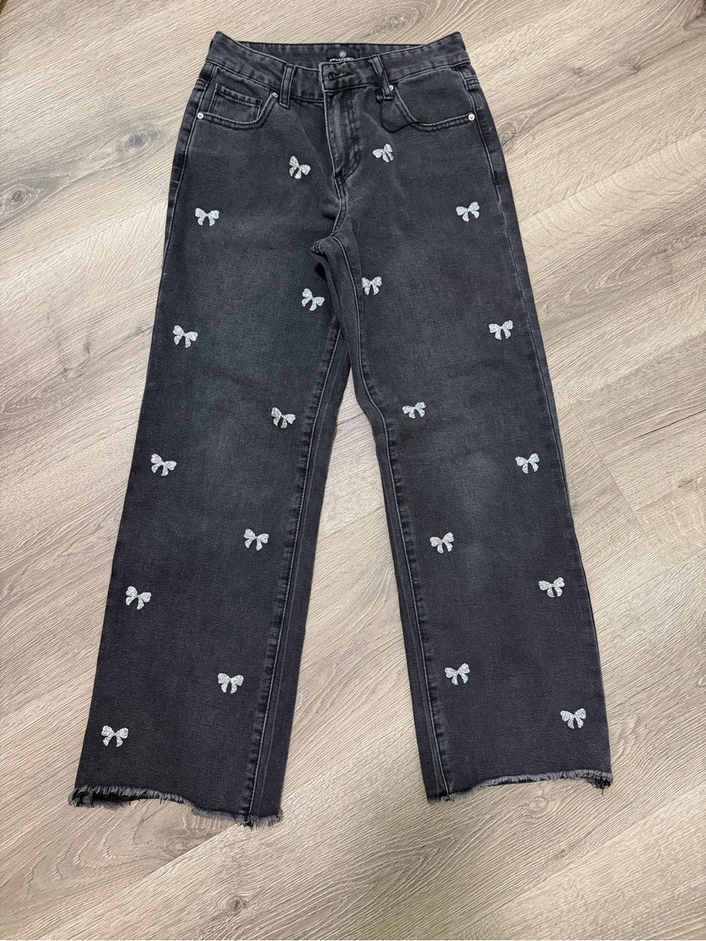 Prosperity Denim Size 26 Black Rhinestone Bow Wide Leg Raw Hem Jeans